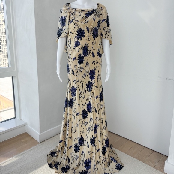 Hollywood Glamour 1930s Blue floral Silk Gown Draped Back & Bias Cut Silhouette